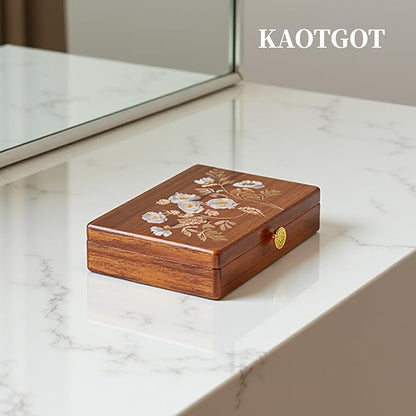 Travel Jewelry Case Small Wood Jewelry Organizer Jewelry Box for Women (Nut-Brown Print A)