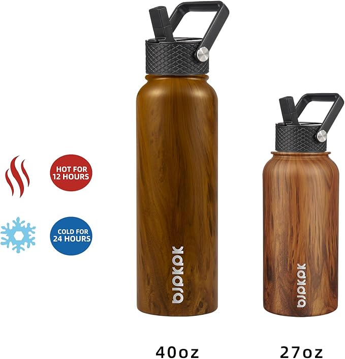 BJPKPK Insulated Water Bottles with Straw Lid, 40oz Stainless Steel Water Bottles with 3 Lids, BPA Free Leakproof Thermo, Tumblers, Cups for Sports, Gym- Teakwood