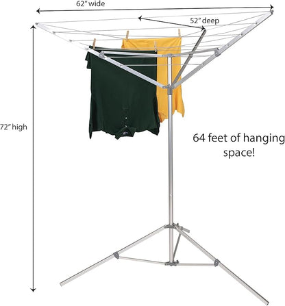 Household Essentials Portable Umbrella Clothesline, 64 Ft of Hanging Space, Pre-Strung with Stable Base, Silver