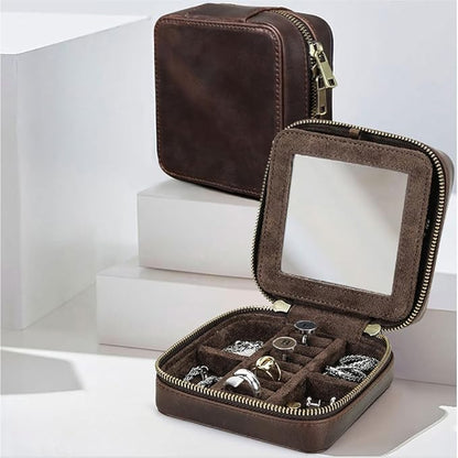 CONTACTS Genuine Leather Jewelry Box Travel Jewelry Storage Organizer for Men Portable Case for Cufflinks Ring Necklace Earrings with Mirror, Square+mirror, Coffee