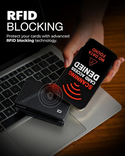 Jenoss Smart Wallet For Men: Full Grain Leather, Handcrafted, Slide Metal Pop Up Case, Slim RFID Blocking Credit Card Holder, Minimalist Compact 12 Cards Slot Organizers ID Money Clip (Black & Carbon)