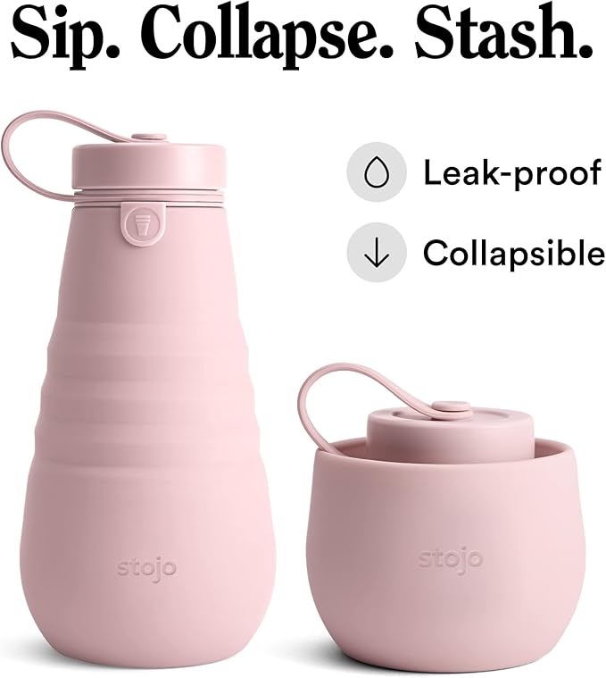 STOJO Collapsible Sports Water Bottle - Leak-Proof Reusable Silicone Travel Cup for Hot & Cold Drinks - Microwave & Dishwasher Safe - AS SEEN ON TODAY SHOW - Parent (Carnation)