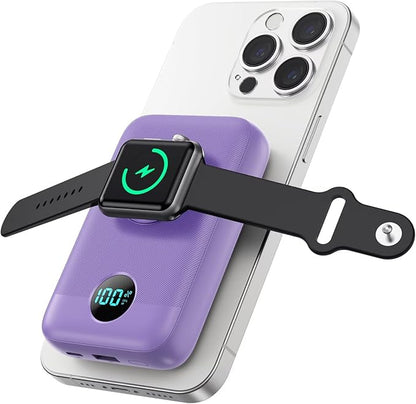 Magnetic Portable Charger for iPhone,10800mAh 4-in-1 Power Bank with iWatch Charger,25W PD Fast Charging Battery Pack for Magsafe,iPhone 17/16/15/14/13/12 Series,Apple Watch,Travel Essential,Purple