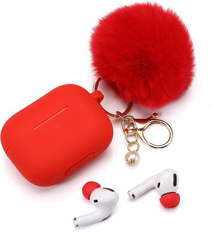 Protective Case Cover for Airpods Pro Charging Case with Ear Tips 1 Pair Kit, Air Pods Silicone Case with Soft Cute Ball Pom Pom Keychain Kit Together with Ear Buds Tips 2&1 (X, Red)