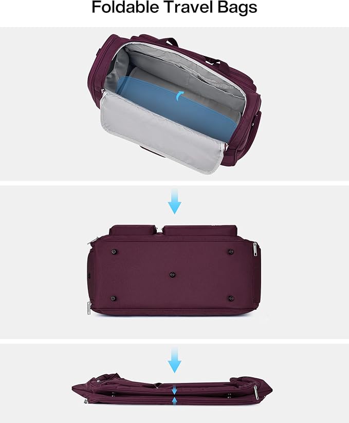 MILADA Carry On Luggage Bags for Travel Large Foldable Duffle Bag for Travel Lightweight Personal Bags for Airplanes Weekend Overnight Bags for Women Mens Travel Bag, Purple