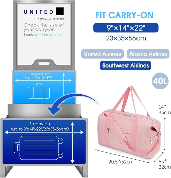 Narwey Carry on luaggage 22x14x9 Airlines Approved Foldable Carry on Bag Travel Duffel Packable Duffle with Wet Pocket Overnight for Women and Men 40L (Pink)