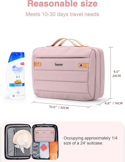Women's Hanging Toiletry Bag, Waterproof Travel Cosmetic Organizer with Jewelry Storage, Large Capacity Makeup Case for Full-Size Skincare & Bathroom Essentials, Portable Cosmetic kit, Pink