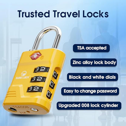 SURE LOCK TSA Locks for Luggage, TSA Approved Luggage Locks with Open Alert, 008 Key for High Security, Easy Read Dials, Zinc Alloy Body, Locker Lock for Suitcase, Gym, Travel(Yellow 4 pk)