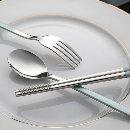 DEVICO Travel Utensils, 18/8 Stainless Steel 4pcs Cutlery Set Portable Camp Reusable Flatware Silverware, Include Fork Spoon Chopsticks with Case (Light Green)