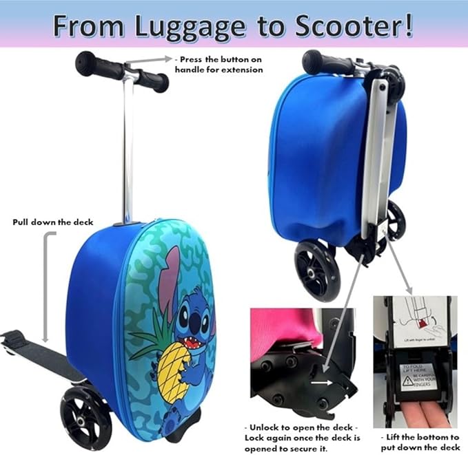 Fast Forward Kid’s Licensed 18" Ride-On Suitcase Scooter - Lightweight Carry-On Foldable Scooter Luggage
