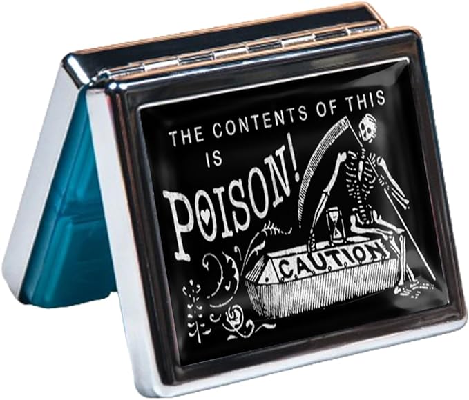 7 Days Chromed Shiny Silver Pill Organizer with Mirror Inside Has 8 Separate Compartments Rectangle Cute Travel Pill Organizer for Purse 7 Days (Black Scythe)