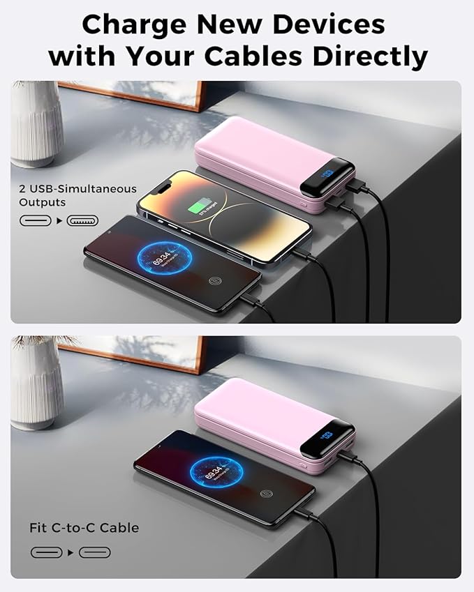 Portable Charger Power Bank 40000mAh Powerbank PD 30W and QC 4.0 Fast Charging External Battery Pack with USB-C LED 3 Outputs & 2 Inputs Portable Charging for iPhone 15 14 13 (Pink)