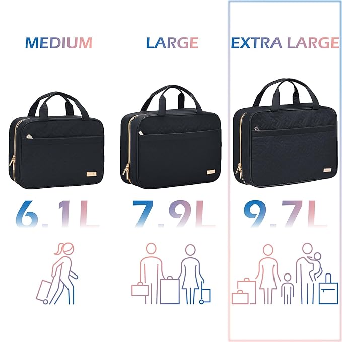 NISHEL Travel Toiletry Bag for women, Portable Hanging Organizer for Family-Sized Shampoo, Conditioner, Brushes Set, Makeup Accessories, Extra Large Size, Black