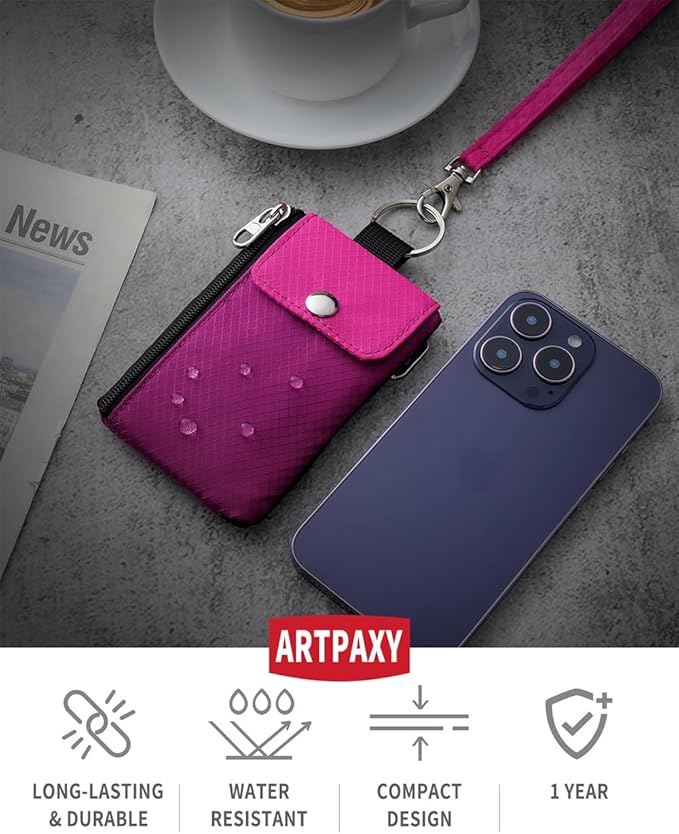 Minimalist Wallet For Mens Womens, Keychain RFID Blocking Zipper Small Wallet with ID Window 2 Lanyards,Water Resistant Travel Cash Card Coin Case Boys Girls