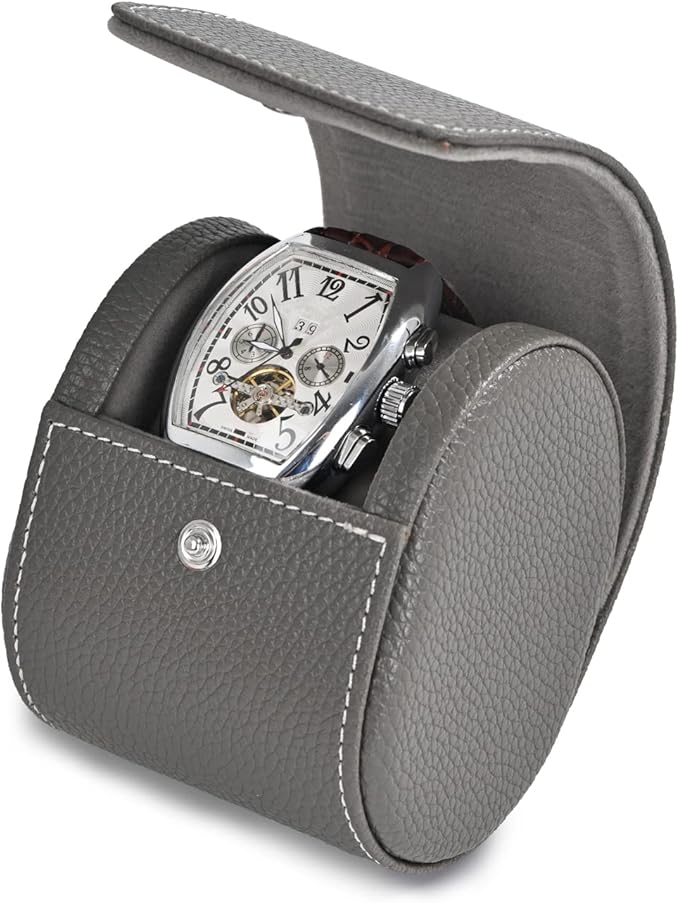 Oirlv Luxury Leather Travel Watch Case - Single Watch Box for Women - Portable Jewelry Storage Roll Organizer (Grey)