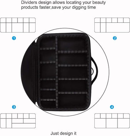 Relavel Makeup Bag Travel Makeup Train Case 13.8 inches Large Cosmetic Case Professional Portable Makeup Brush Holder Organizer and Storage with Adjustable Dividers and Shoulder Strap Black
