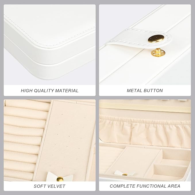 Small Jewelry Box, Travel Jewelry Case Portable Jewelry Boxes for Women, 2-Layer Mini Jewelry Travel Organizer, Gift for Women Girls,White B