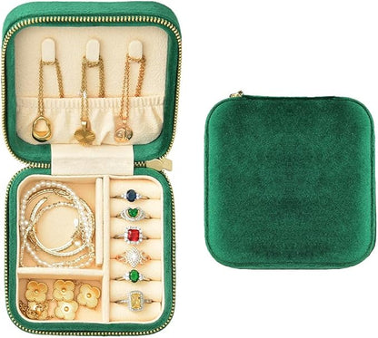 TAIMY Plush Velvet Travel Jewelry Box, Small Travel Jewelry Case, Portable Mini Jewelry Travel Organizer Boxes for Rings Earrings Necklaces Bracelets(Emerald Green,No Mirror)