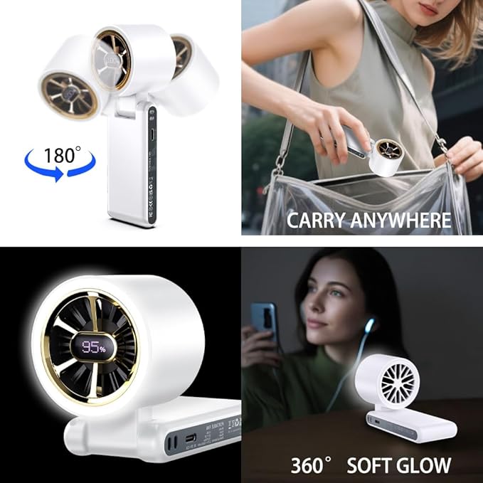 CAZOKASI Rechargeable Strong Wind Handheld Fan With Ambient Lighting 4 IN1 5000mAh Upto 22H For Desktop Waist Clip Neck (StrongWind/White)