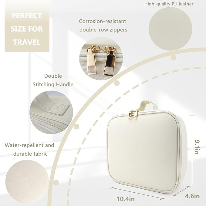 Travel Makeup Bag with LED Lighted Mirror, Travel Makeup Organizer,3 Color Setting Cosmetic Makeup Box, Adjustable Dividers and Brush Holder（white）