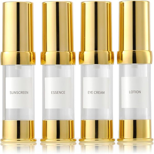 Gold 15ML 0.5 oz Airless pump bottle Toiletries Travel Size containers airport essentials Dispenser with Box Reusable mini lotion plastic travel bottles 4 Packs