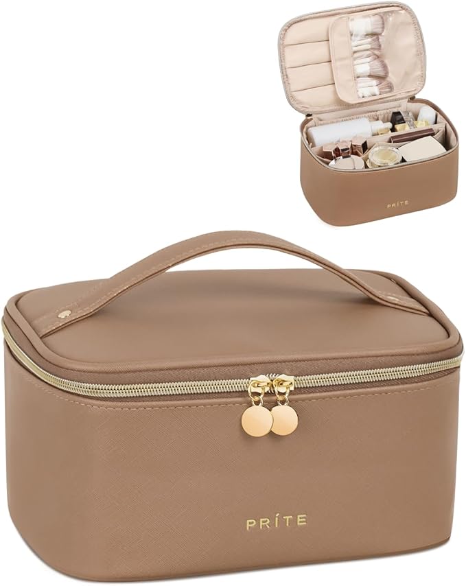 Prite Makeup Bag Portable Cosmetic Organizer with Brush Holder Waterproof Travel Toiletry Bag for Women with Handle and Divider (Brown)