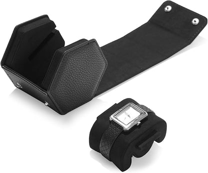 Oirlv Luxury Hexagonal Leather Watch Travel Case Single Watch Box for Men Portable Jewelry Storage Roll Organizer (1-Slot,Black)