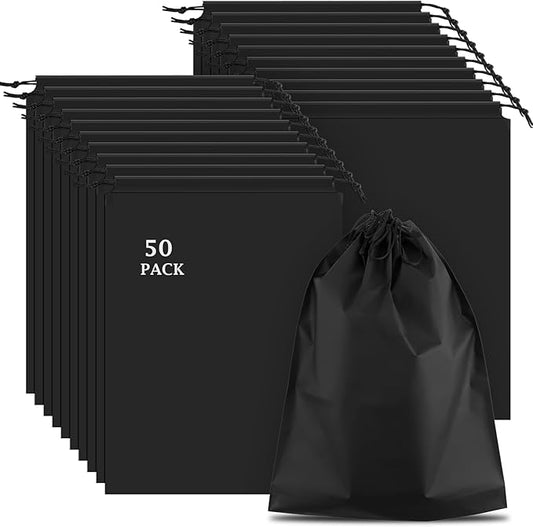 50 Pack Shoe Bags for Travel, 15.7" x 11.8" Black Travel Shoe Bags for Packing, Large Waterproof Portable Drawstring Travel Shoe Storage Bag Travel Essentials Women for and Men