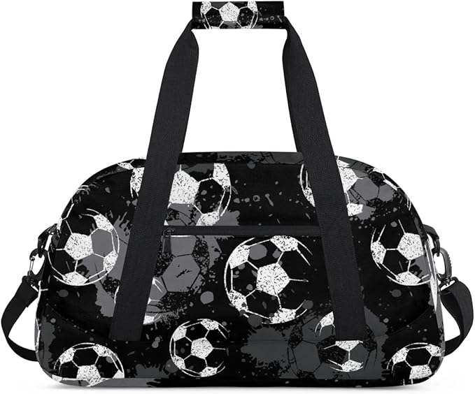 Black Football Kids Duffel Bag for Boys, Soccer Sports Gym Bag Overnight Travel Weekender Bag Lightweight Carry On Sleepovers Bag for School Practice Gymnastics