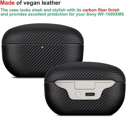 LOPIE Case Compatible with Sony WF-1000XM5, Carbon Fiber Style Vegan Leather Case Designed for Earbuds WF1000XM5 Case Cover 2023, Protective Hard Cover for Men/Women - Black