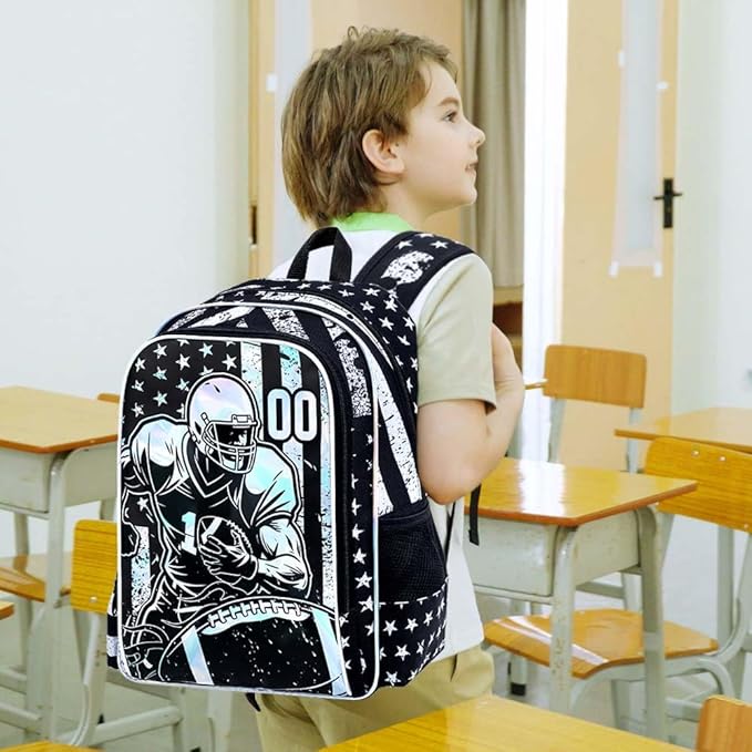 WZLVO 3PCS Rugby School Backpack, 17" Cool UV Printing Boys Football Bookbag/School Bag with Lunch Box & Pencil Bag for Elementary to Middle - Star-Spangled Rugby
