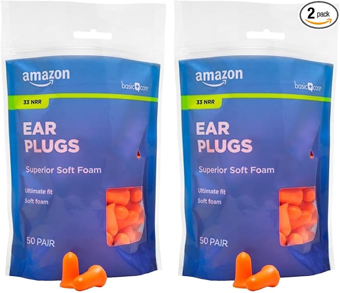 Amazon Basic Care Soft Foam Earplugs, 100 Count (2 Pack of 50 Pairs)