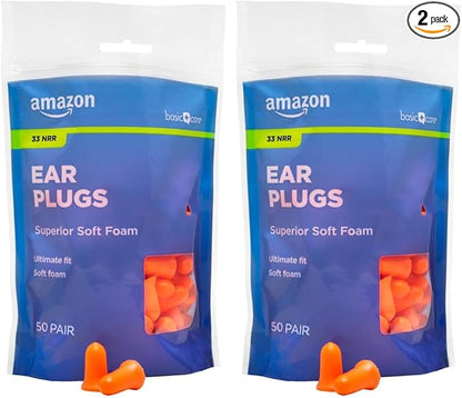 Amazon Basic Care Soft Foam Earplugs, 100 Count (2 Pack of 50 Pairs)