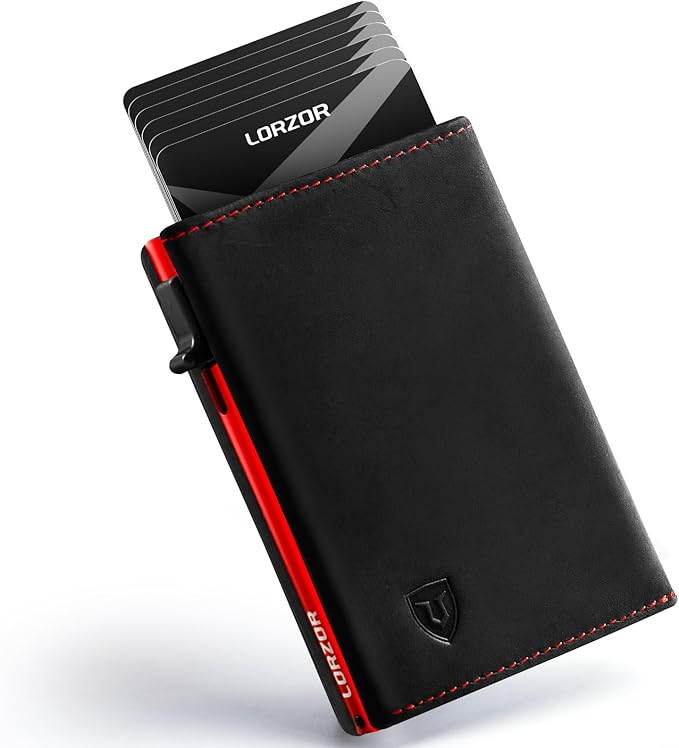 LORZOR Wallet for Men with Metal Card Holder, Pop Up Wallet, Finest Full Grain Leather Trifold Wallet, Smart, Minimalist, RFID Blocking, Front Pocket, ID Window, Black/Red