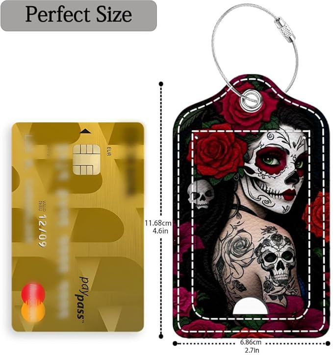 Funny PU Leather Luggage Tags 2-Pack Lady Rose Skull Cute Pattern Suitable for Suitcase Stainless Steel Loop and Address Card Essential for Cruise and Airport Travel for Men and Women