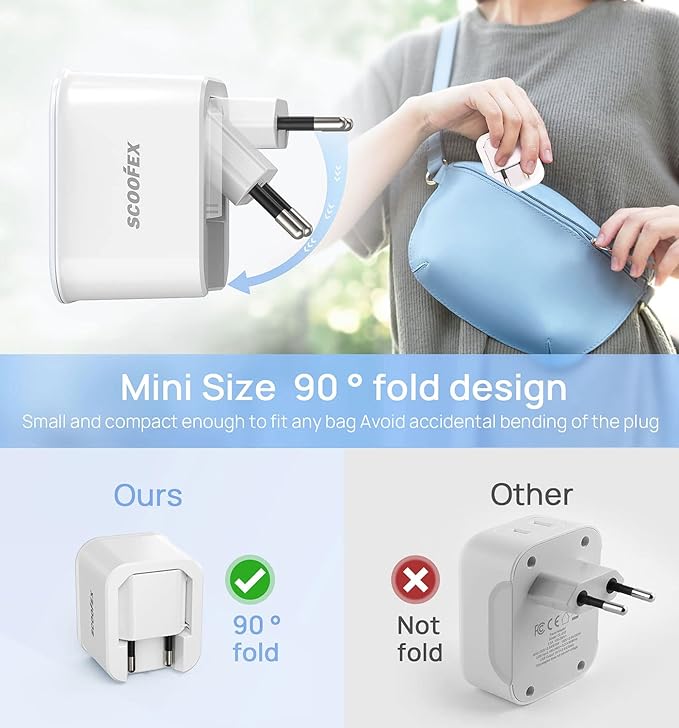 European Travel Plug Adapter - SCOOFEX Foldable Power Plug with 3 USB (1 USB C Port) and 1 AC Outlets Charger for US to Most of Europe - EU France Germany Spain Italy（Type C/L）