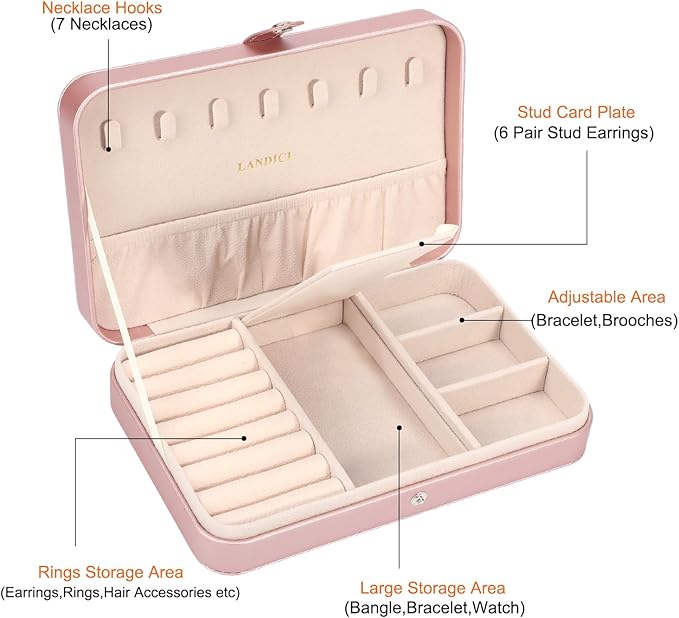 LANDICI Small Jewelry Box for Women Girls, PU Leather Travel Jewelry Case, Portable Jewelry Organizer Storage Holder Display for Ring Earrings Necklace Bracelet Women Kids Gift, Rose Gold