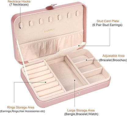 LANDICI Small Jewelry Box for Women Girls, PU Leather Travel Jewelry Case, Portable Jewelry Organizer Storage Holder Display for Ring Earrings Necklace Bracelet Women Kids Gift, Rose Gold