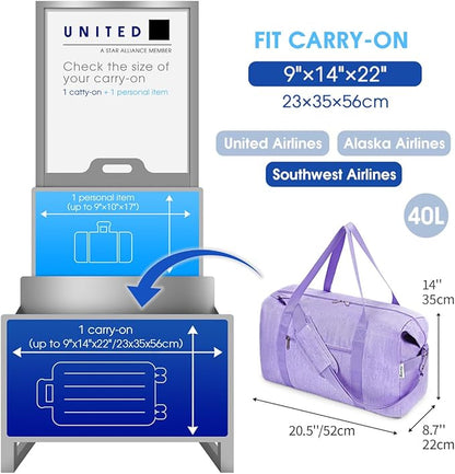 Narwey Carry on luaggage 22x14x9 Airlines Approved Foldable Carry on Bag Travel Duffel Packable Duffle with Wet Pocket Overnight for Women and Men 40L (Purple)
