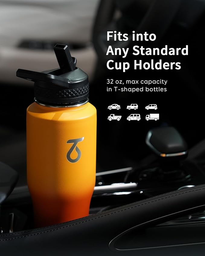Trebo 32oz Insulated Water Bottle that Fits in Cup Holder, Stainless Steel Bottles Tumbler Double Wall Metal with Straw Spout Lids,Travel Flask with Paracord Handle, Sweat Proof Keep Cold &Hot,Orange