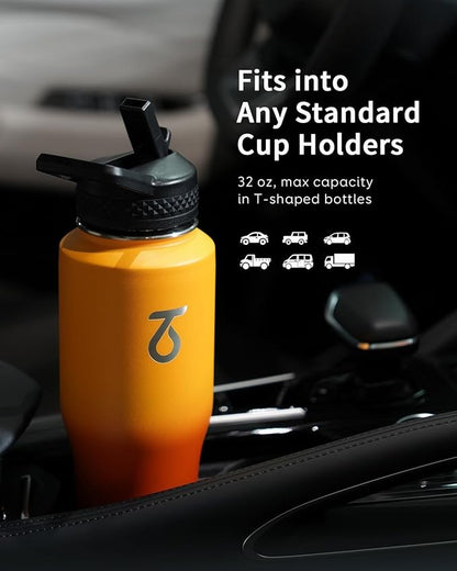 Trebo 32oz Insulated Water Bottle that Fits in Cup Holder, Stainless Steel Bottles Tumbler Double Wall Metal with Straw Spout Lids,Travel Flask with Paracord Handle, Sweat Proof Keep Cold &Hot,Orange