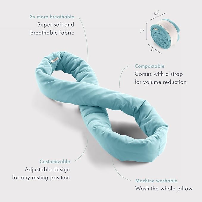 Huzi Infinity Pillow Mini - Kids Travel Neck Pillow - Machine Washable - Home Travel Flight Road Car Train Trips (Airy Blue)