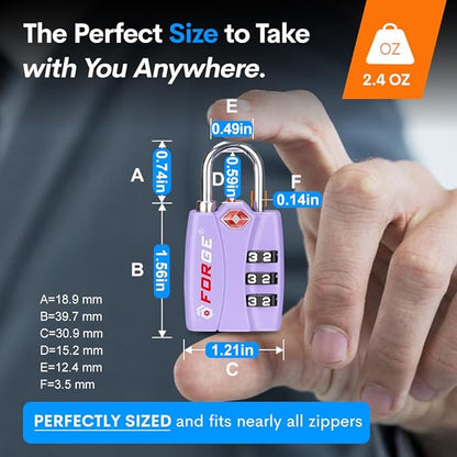 Forge Luggage Locks TSA Approved 4 Pack Purple, Small Combination Lock with Zinc Alloy Body, Open Alert, Easy Read Dials, for Travel Suitcase, Bag, Backpack, Lockers.