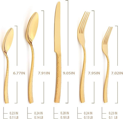Silverware Set Flatware Set Gold Hammered Handle Cutlery Set Stainless Steel Shiny Mirror Polished Brass 20 Pieces Dishwasher Safe Service for 4