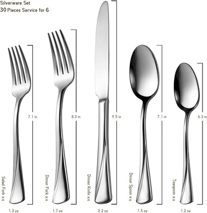 Alata Alice 30-Piece Silverware Set Stainless Steel Flatware Set,Service for 6,Mirror Polished Cutlery Set,Dishwasher Safe
