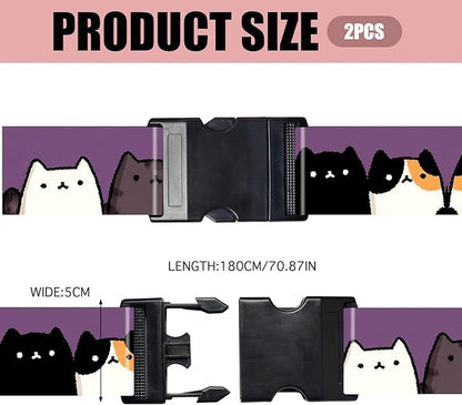 Nuxovilar Luggage Straps of 2 Set Cartoon Cats on Purple Pattern, Durable Material 1.96 * 70.86 Inches for Suitcases, Travel Essentials for 22-28 Inch Luggage, Perfect for Pet Lovers, Leisure Trips