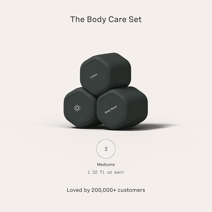 Cadence Travel Containers - Body Care Capsule Set - Magnetic Containers with Lids,Carry On Travel Essentials for Women/Men - 3 Flex Mediums (1.32oz) - Body Wash, Lotion & Sun Icon Labels - Charcoal