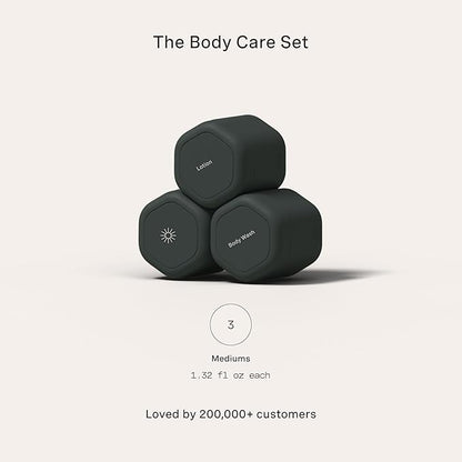 Cadence Travel Containers - Body Care Capsule Set - Magnetic Containers with Lids,Carry On Travel Essentials for Women/Men - 3 Flex Mediums (1.32oz) - Body Wash, Lotion & Sun Icon Labels - Charcoal