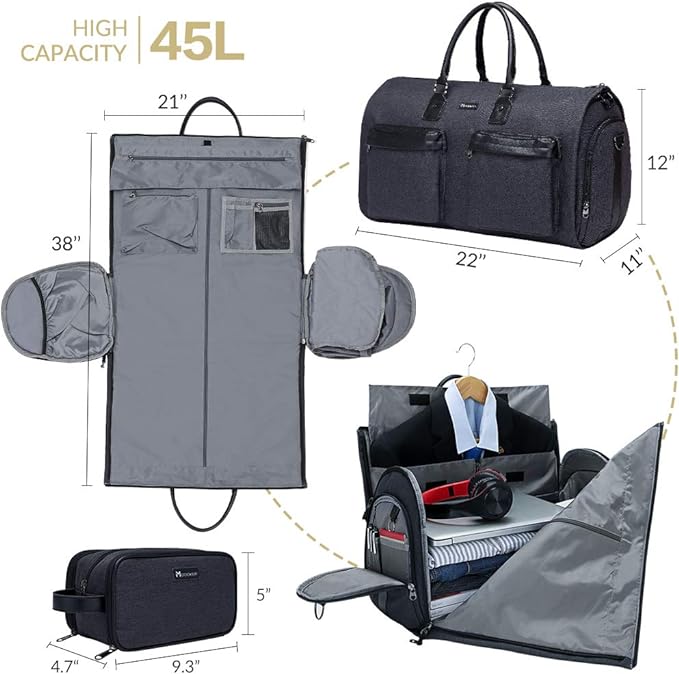 Modoker Convertible Garment Bag with Toiletry Bag, Carry On Garment Duffel Bag for Men Women Travel, Multi-Function Suit Bag 2 in 1 Hanging Suitcase, Black