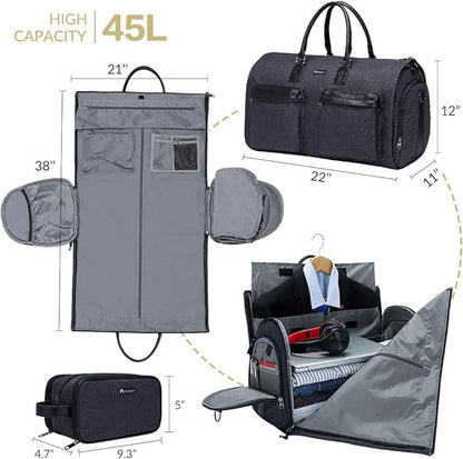 Modoker Convertible Garment Bag with Toiletry Bag, Carry On Garment Duffel Bag for Men Women Travel, Multi-Function Suit Bag 2 in 1 Hanging Suitcase, Black